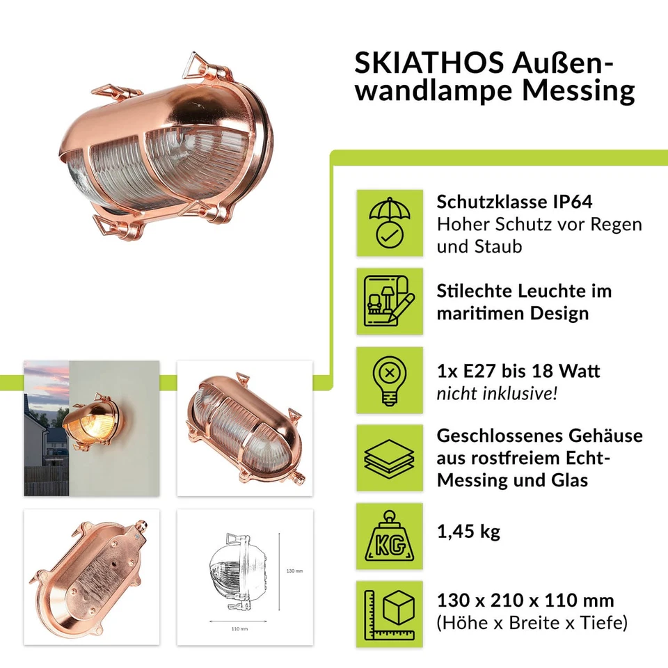 Wandleuchte außen Maritim Messing Glas B: 21 cm E27 in Kupfer Lampe Haus Garten - Bild 2 von 4