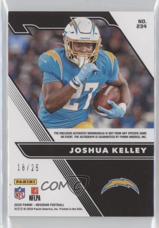 2020 Obsidian Jersey Autos Electric Etch Yellow /25 Joshua Kelley Rookie Auto RC - Image 2 of 2
