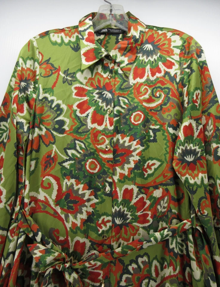 Vestido Zara Mujer Mediano Verde Camisa Floral Cachemira Boho Cinturón Cintura Corbata NUEVO Foto 2 de 4