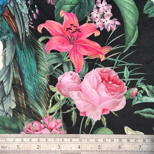 Digital print, soft & durable plush Velvet fabric 290gsm - Peacock Blossom - Jet - Picture 2 of 3