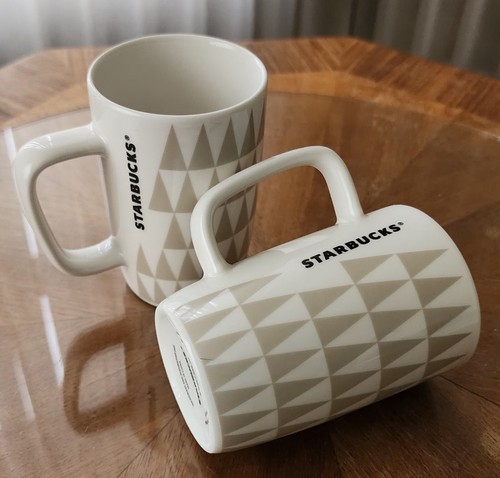 2 NEW Starbucks 8 OZ Latte Filter Coffee Cup Mugs Geometric Triangle Tree Design - Picture 1 of 7