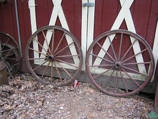 2 ANTIQUE COUNTRY FARM WOOD CAST IRON WAGON CARRIAGE BUGGY USA GARDEN ART WHEELS