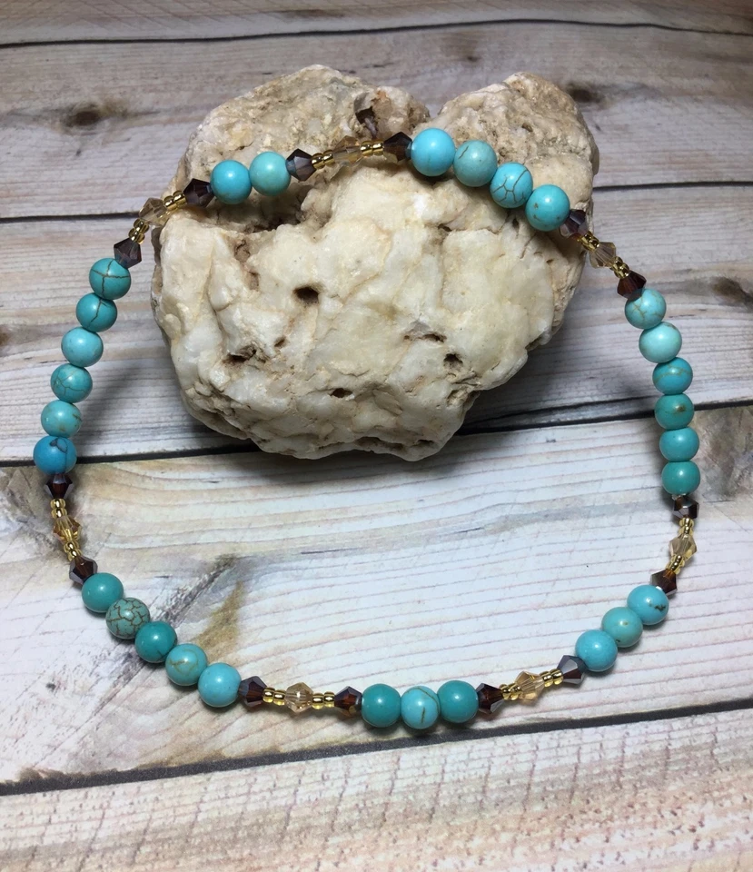 Handmade Turquoise Stone Stretch Anklet/Ankle Bracelet W/Swarovski Elements USA - Image 2 of 2