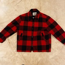 VINTAGE Woolrich Wool Coat Men's Large Red Black Buffalo Plaid Pile Fleece Lined