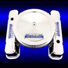 Chrome Tall Valve Covers and Air Cleaner For Pontiac 400 Engines Blue Emblems