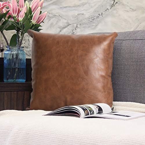 Funda de Almohada de Cuero Artificial 18X18 18" x 18" (Pack de 2) Cuero Sintético Marrón - Imagen 2 de 7