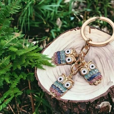 Enamel Owl Keychain Bag Charm Owls Key Fob Ring 3 Cute Dangle Owls Kawaii NEW