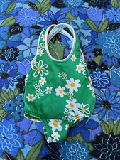 Vintage Carter  s Kids Baby One Piece Swimsuit Green Daisies Fits 9-12 Month