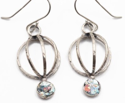 Roman Glass Silver 925 Post Earrings Ancient Round Fragment 200 BC Bluish Patina