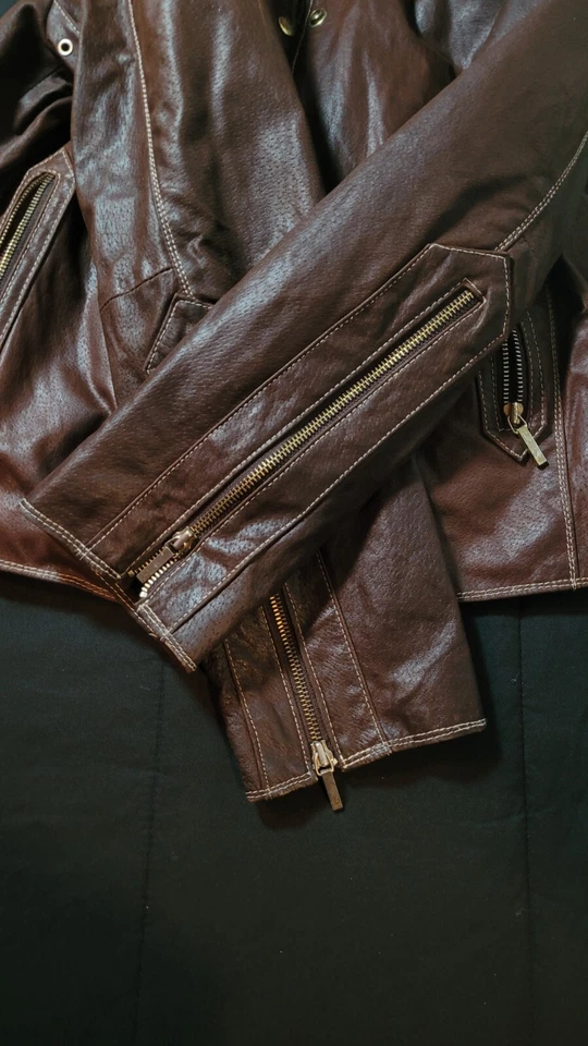 Chaqueta de Cuero ANA A New Approach Mujer Mediana M Moto Cremallera Cachemira Forrada Marrón Foto 4 de 4