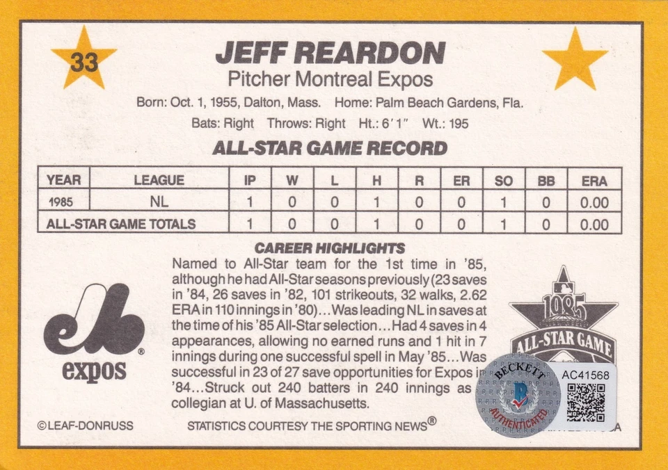 Jeff Reardon 1986 Donruss All-Stars assinado cartão 3,5x5 #33 BAS CERTIFICADO DE AUTENTICIDADE Twins autografado - Imagem 3 de 4