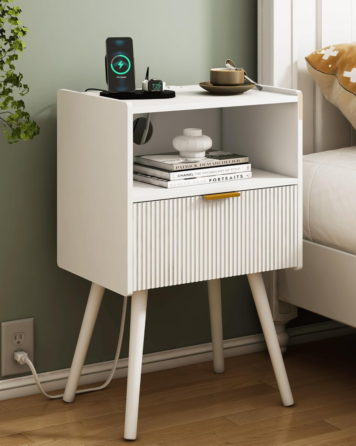 White Nightstand with Outlet,Modern Bedside Table with Storage Drawer and Open W