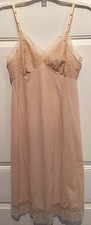 Vintage Full Length Slip Lace Chiffon Lingerie Nylon Beige Beautiful Chest 30"
