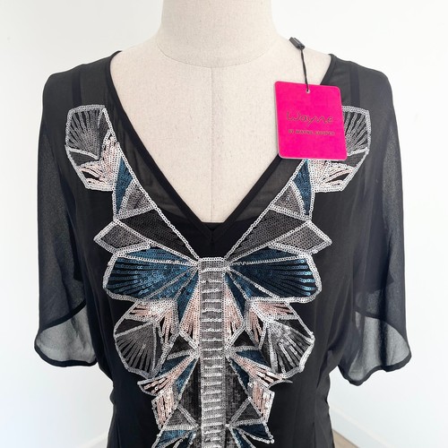 Wayne Cooper Sheer Sequin A-line Dress V-Neck Embellished w/ Slip Black Size 12 - Picture 3 of 12