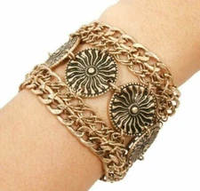 Gold WIDE Floral MULTI Chain BOHO Gypsy Hippie Bali Chunky Funky Bracelet