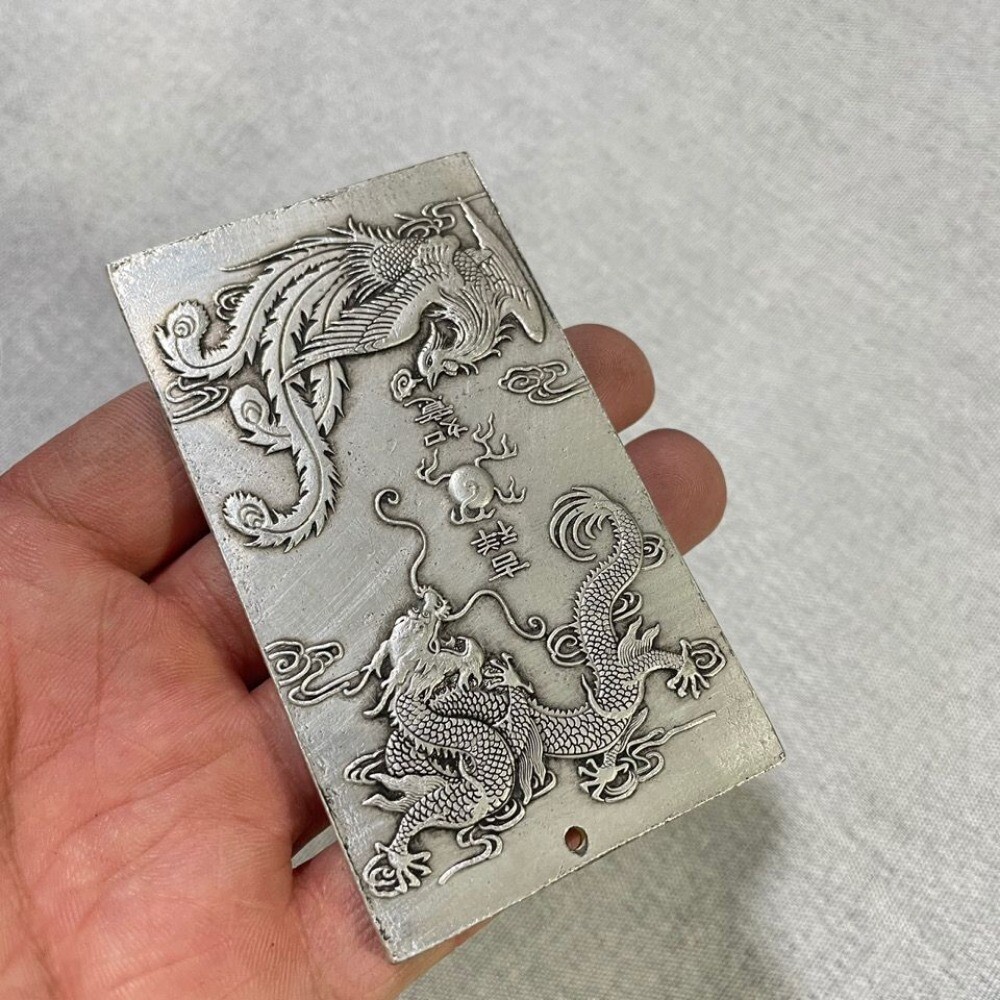 Old Chinese Tibet Silver Carving dragon and phoenix Pendant waist tag