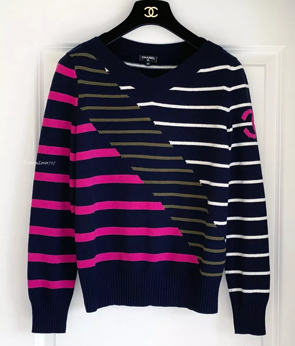 NEW $2350 20C CHANEL CASHMERE NAVY PINK WHITE KHAKI STRIPED CC RUNWAY  SWEATER 40