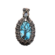 Natural Tibetan Turquoise Rainbow Moonstone Art Deco Tree Of Life Pendant Copper
