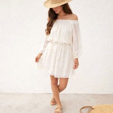 White House Black Market Off Shoulder Dress L White Gold Dot Chiffon Boho Flowy