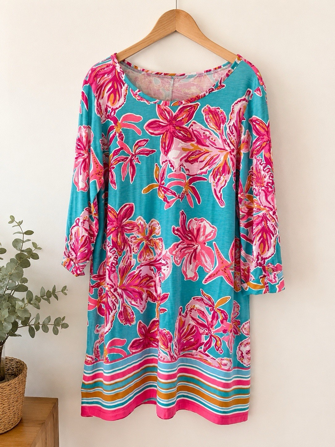 Lilly Pulitzer XL Tropical Floral Tunic Dress Pink Blue Resort Shift Coverup Ext