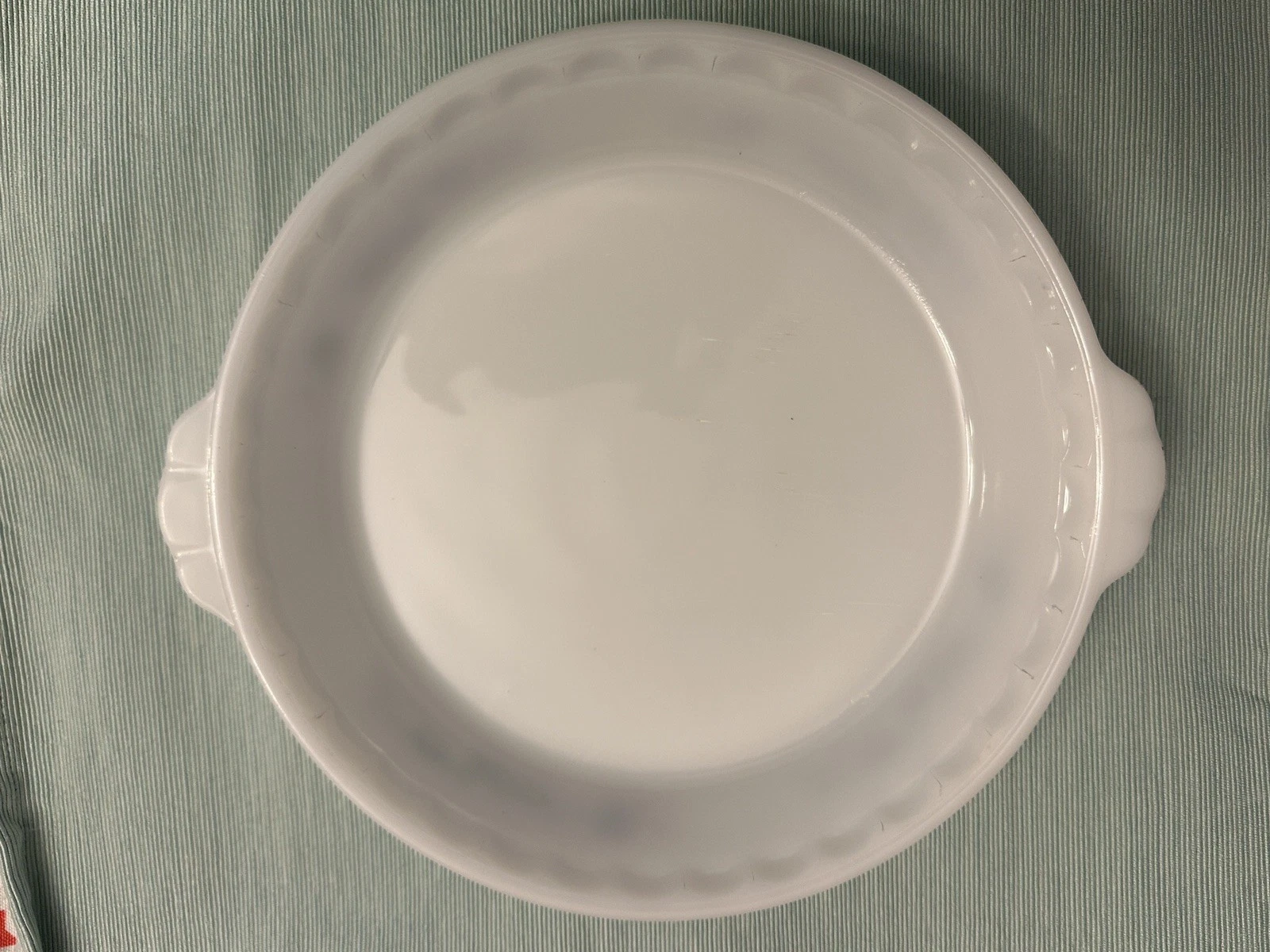 Vintage Glasbake Milk Glass Ovenware 10” Pie Baking Dish Scalloped Handles 2610