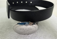 PRADA Milano Men's Black Dress Belt Silver Oval Logo Buckle 40mm Italy w/COA