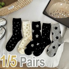 1/5 Pair Solid Color Star Moon Printed Women Mid Tube Socks Fashionable Korean S