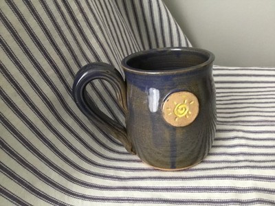 Hand Thrown Coffee /Tea Mug Green/Blue SUN design 4T x 3.25 W signed Pottery