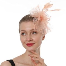 Fascinator Hat for Women, Feather Headband with Clip, One Size Champange-01