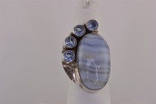Sterling Silver Oval Blue Lace Agate Accented Statement Band Ring 925 Sz: 8