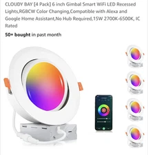 [4 Pack] CLOUDY BAY 6inch Smart Wifi LED Recessed Lights, RGBCW Color Changing