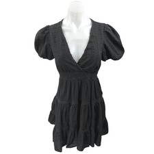 Zara Black Short Puff Sleeve Faux Wrap V-Neck Tiered Mini Fit & Flare Dress Sz S