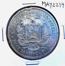 Venezuela 1904 Silver 5 Bolivares Crown Fine+ Coin Mint State Bullion Key