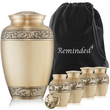 Set of 5 Cremation Urns for Human Ashes - 1 Brass Adult, 4 Keepsake - Gold
