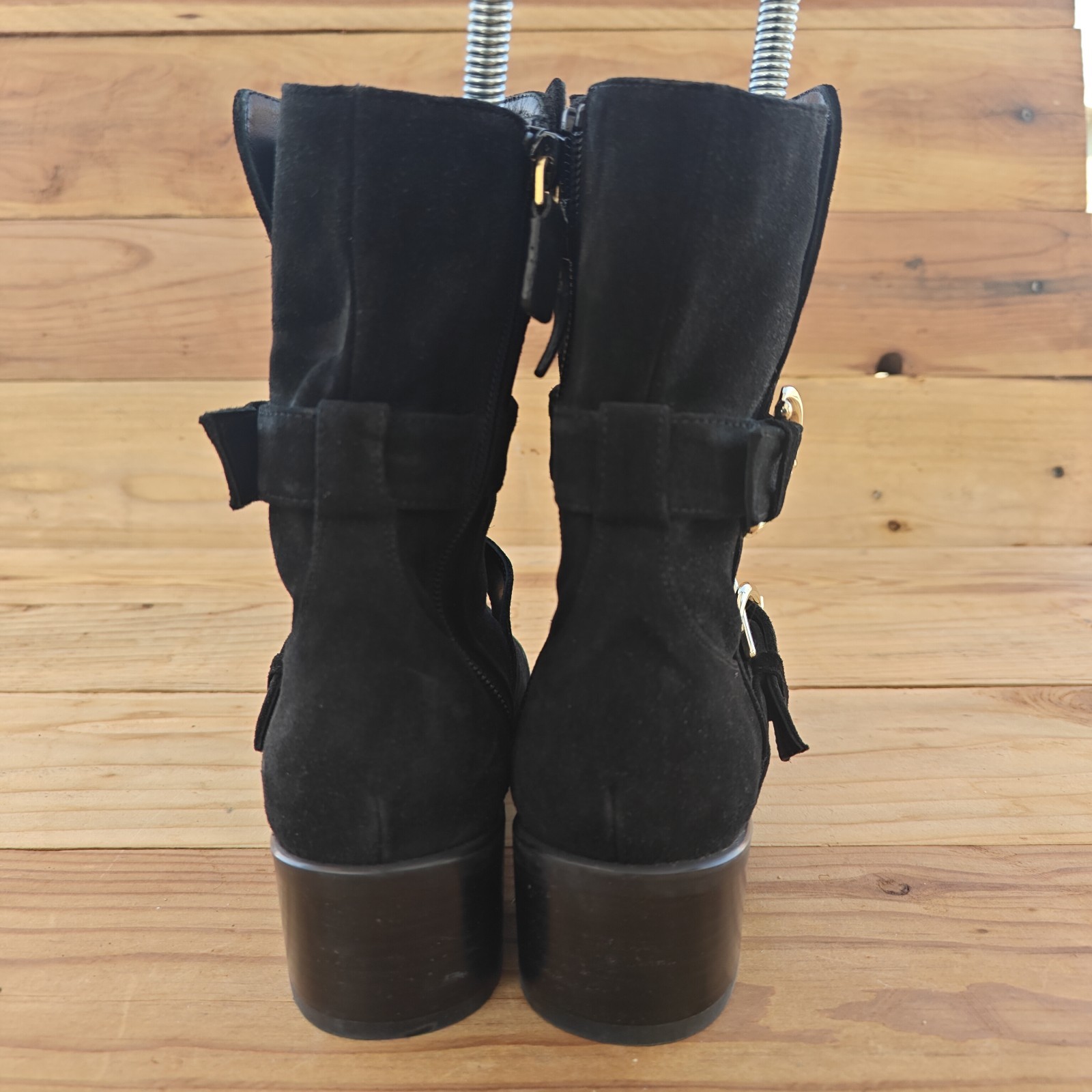 Stuart Weitzman Women's Black Suede Side Zip Block Heel Buckled Ankle Boots Sz 7