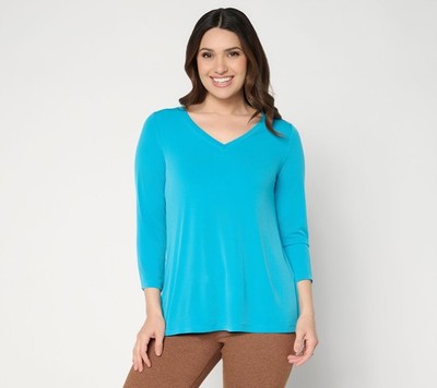 Susan Graver Essentials Liquid Knit 3/4-Sleeve A-Line Top Laguna Teal 2X New