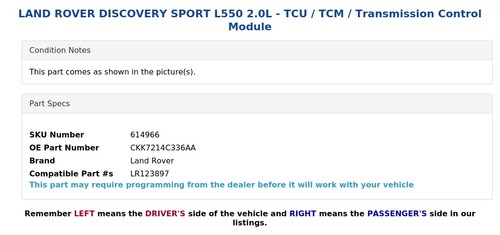 LAND ROVER DISCOVERY SPORT L550 2.0L - TCU / TCM / Transmission Control Module - Picture 3 of 4