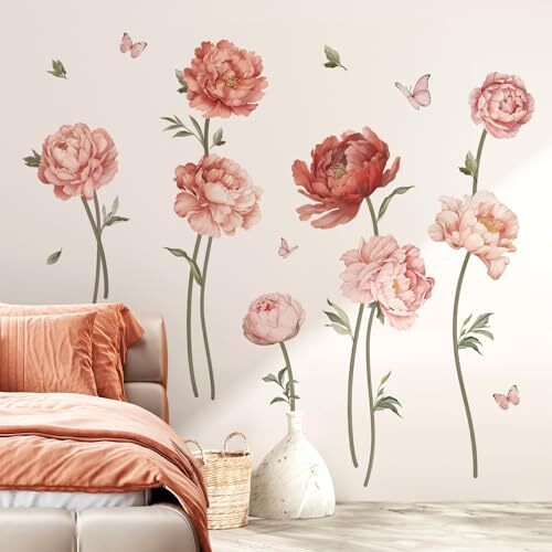 Pink Peony Rose Flower Wall Stickers Boho Floral Peel and Stick Wall Art - Picture 3 of 5