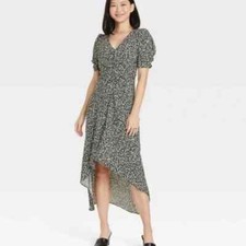 WOMEN'S SIZE SMALL FLORAL MIDI DRESS HIGH-LOW SHORT PUFF SLEEVE-A NEW DAY