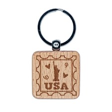 USA United States of America Passport Travel Engraved Wood Square Keychain