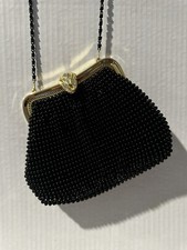 Vtg Evening Clutch Purse Black Seed Bead Metal Frame Rhinestone Gold Clasp A-1