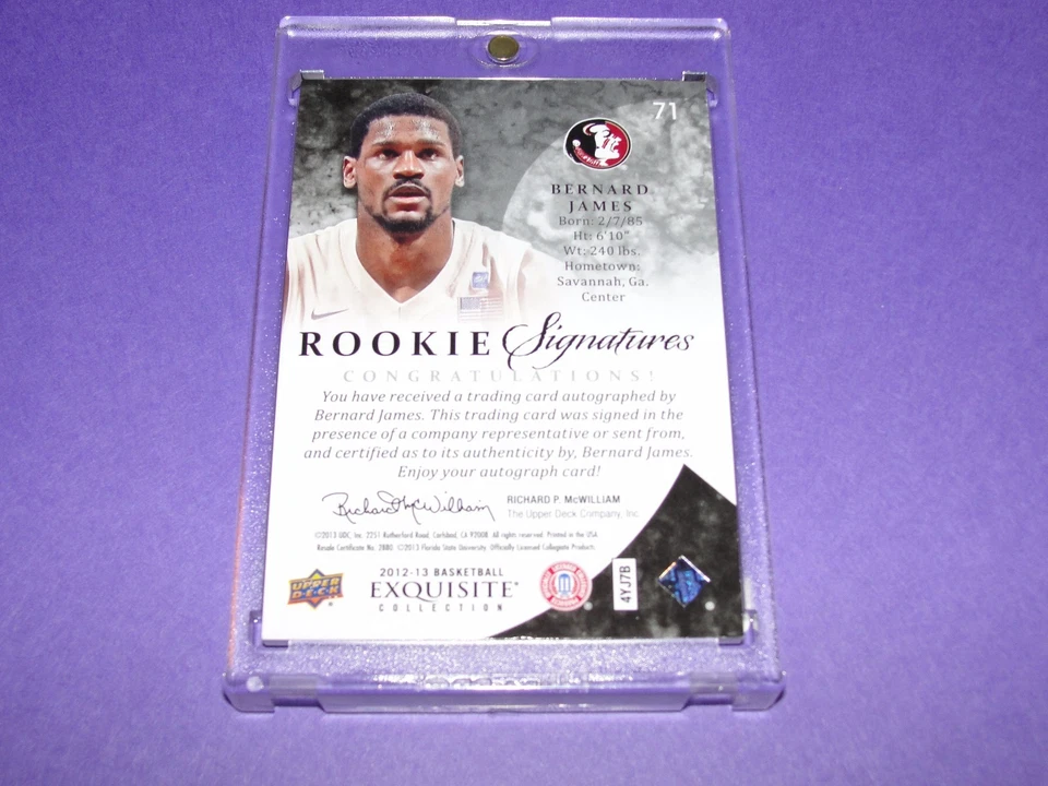 2012-13 Exquisite BERNARD JAMES #71 On Card Autograph Silver RC/50 Florida State - Image 2 of 2