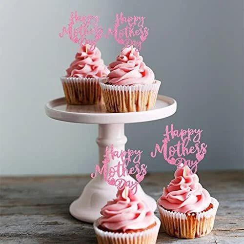 24 PCS Happy Mother's Day Cupcake Toppers with Glitter Heart Love Mother Best Mo - Image 2 of 4