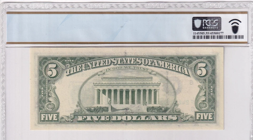 1981 FULL DARK OFFSET PRINTING ERROR $5 FED. RESERVE NOTE FR. 1976-F PCGS 55 PPQ - Image 2 of 2