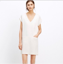 Vince White Textured Shift Dress Size S Minimalist V-Neck Pocket Mini Resort
