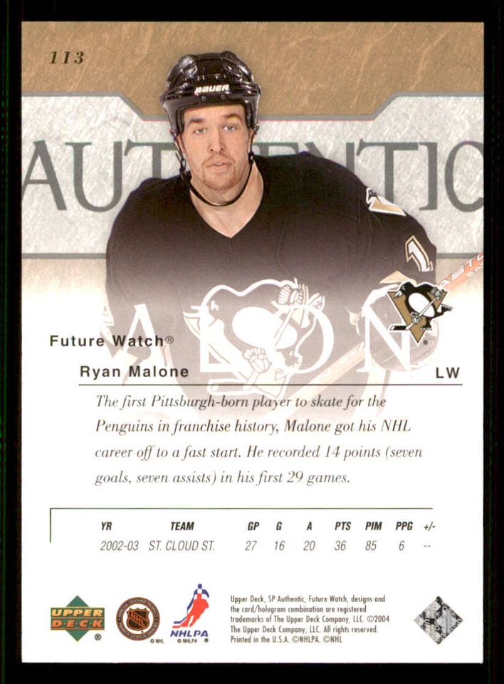 2003-04 SP Authentic #113 Ryan Malone RC /900 - Image 2 of 2