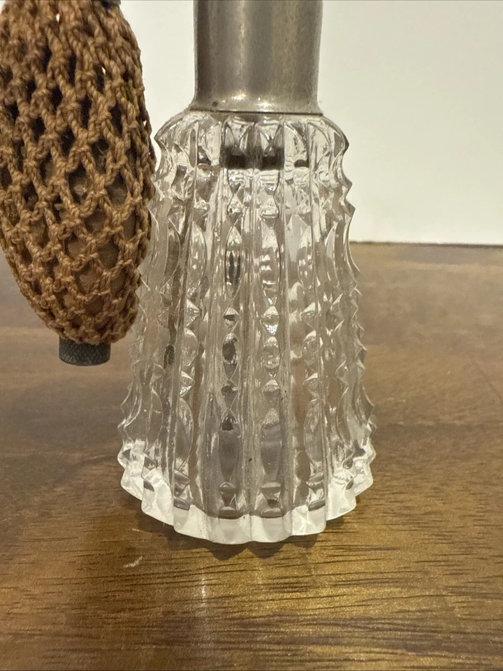 RARE Antique Nickel Chrome Perfume Atomizer Cut Crystal Glass Bottle - Image 2 of 4