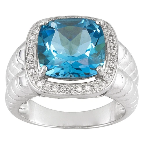 8.50 Ctw Cushion Cut Blue Topaz 14K White Gold Plated Halo Band Ring For Men's