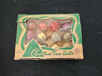 VTG ELRO NOVELTY CO 12 GLASS CHRISTMAS TREE BALLS MINIATURE BOX USA MULTICOLOR