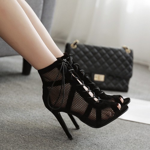 Women's Mesh Suede Cross Tie Sexy High Heel Sandals Women's Shoe Large - Picture 5 of 18
